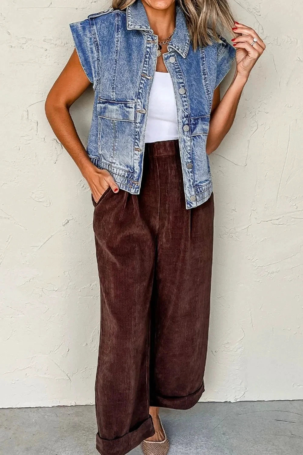 Button Up Cap Sleeve Denim Jacket by Trendsi