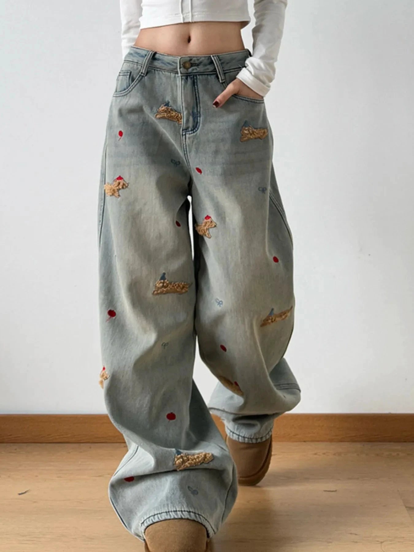 Embroidered Wide Leg Jeans by Trendsi