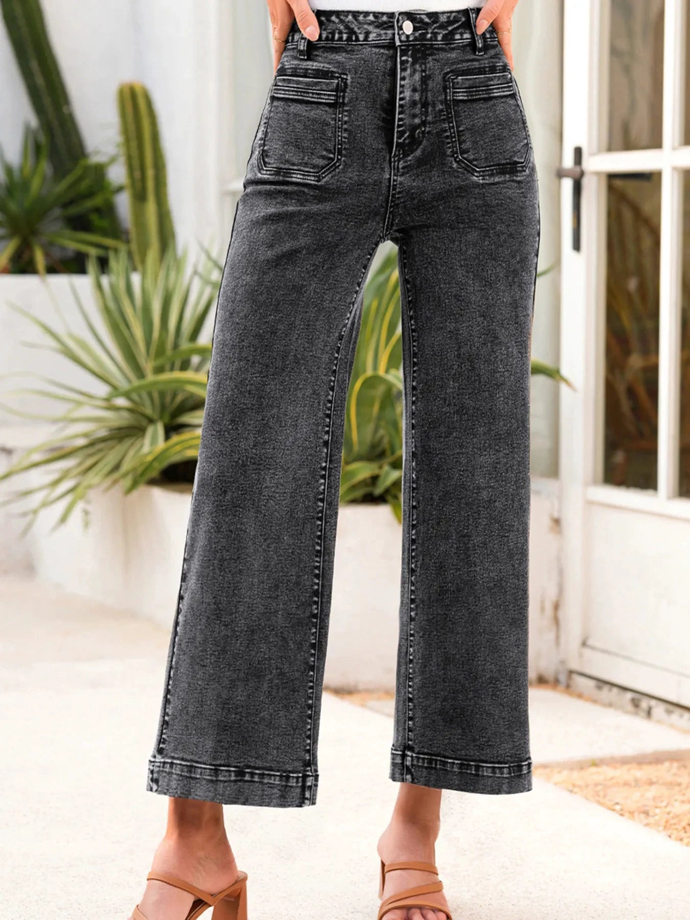 High-Waisted Wide Leg Washed Jeans by Trendsi