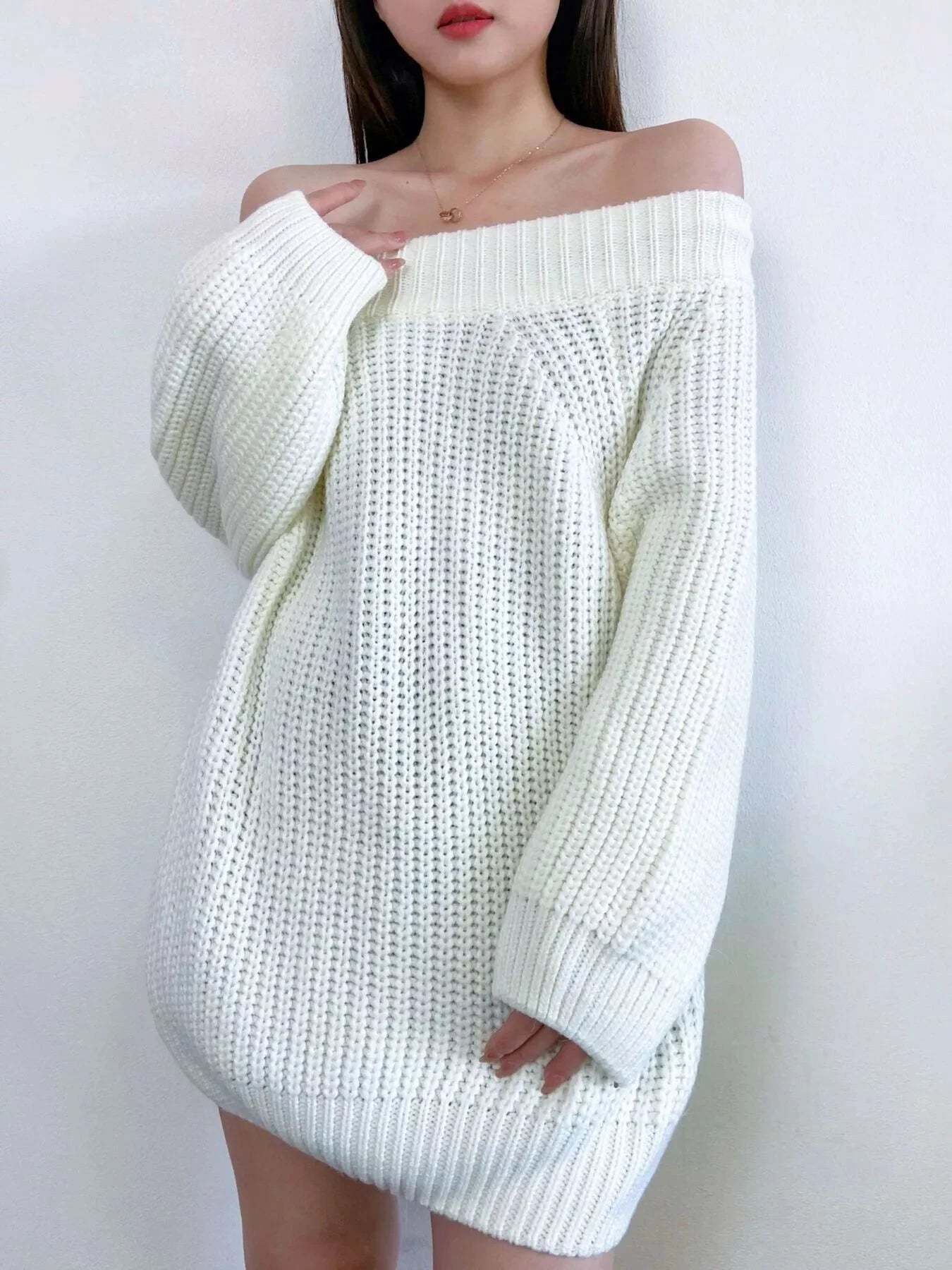 Off-Shoulder Chunky Knit Sweater by Trendsi