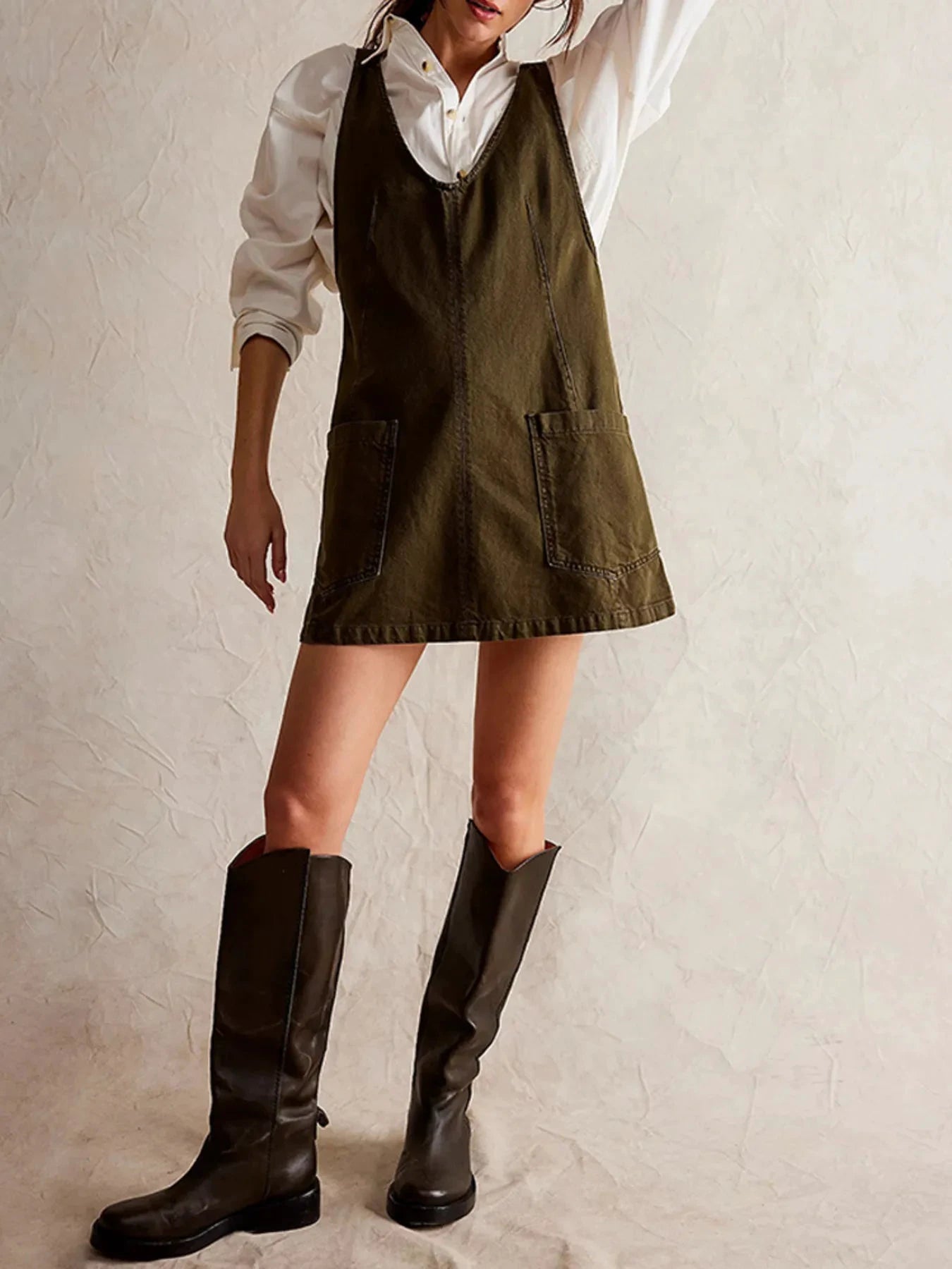 Oversized V-Neck Denim Tank Dress with Front Pockets by Trendsi