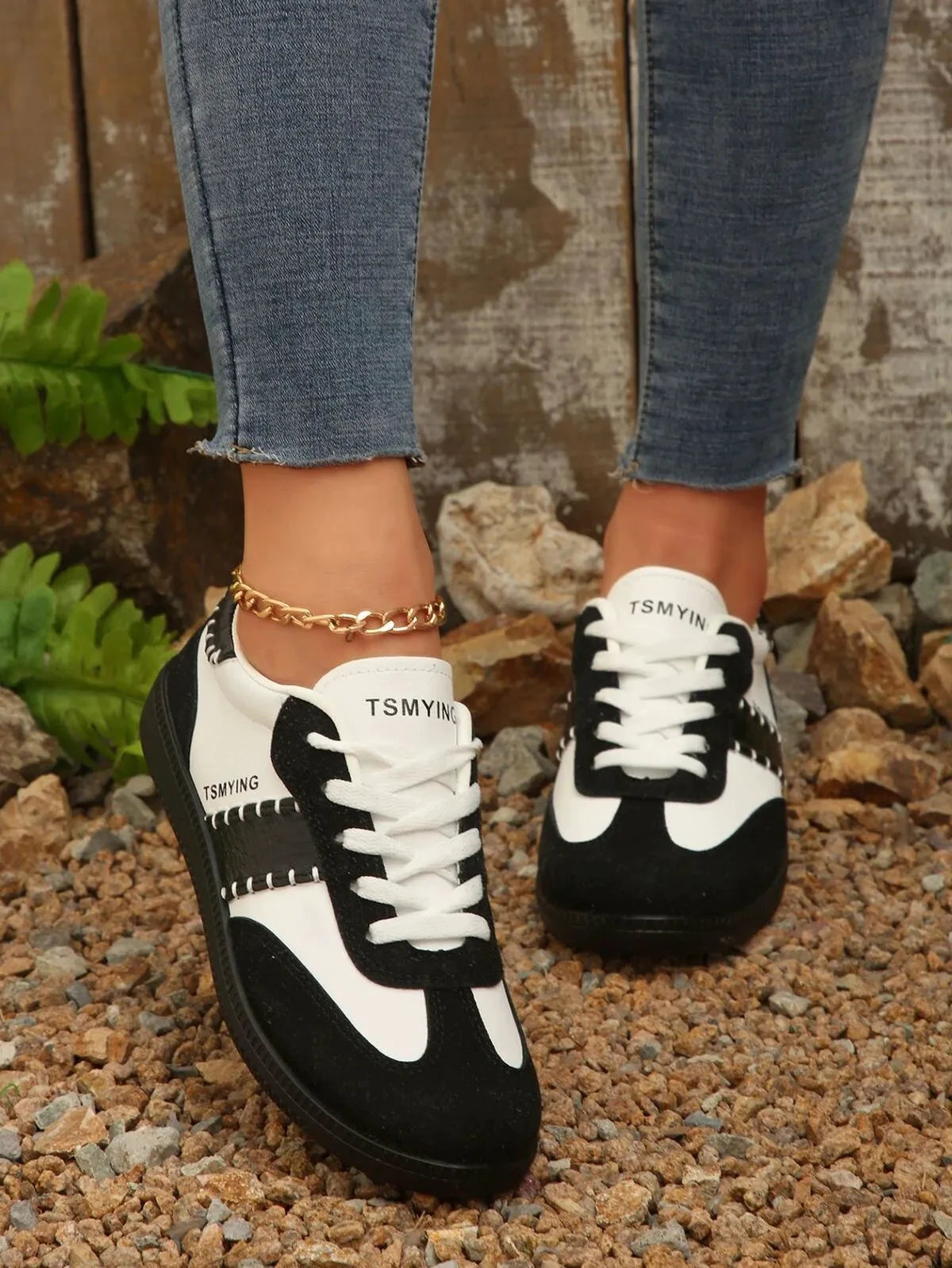 Contrast Lace Up Sneakers by Trendsi