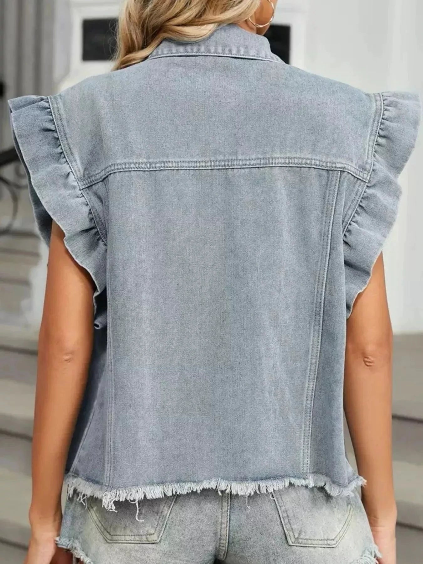Ruffled Raw Hem Button Up Denim Jacket by Trendsi