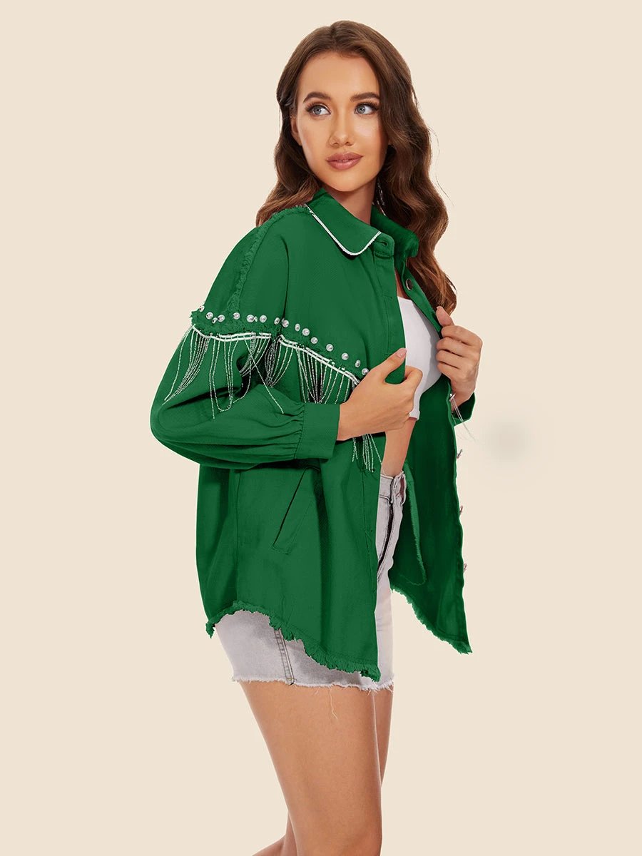 Raw Hem Fringe Detail Denim Jacket by Trendsi