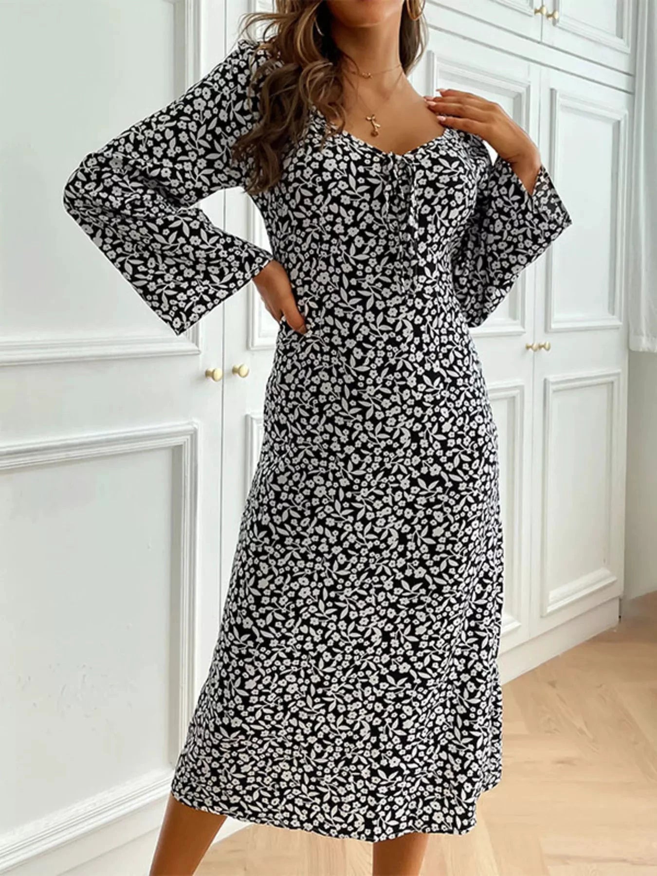 Printed Tie Flare Sleeve Midi Dress by Trendsi