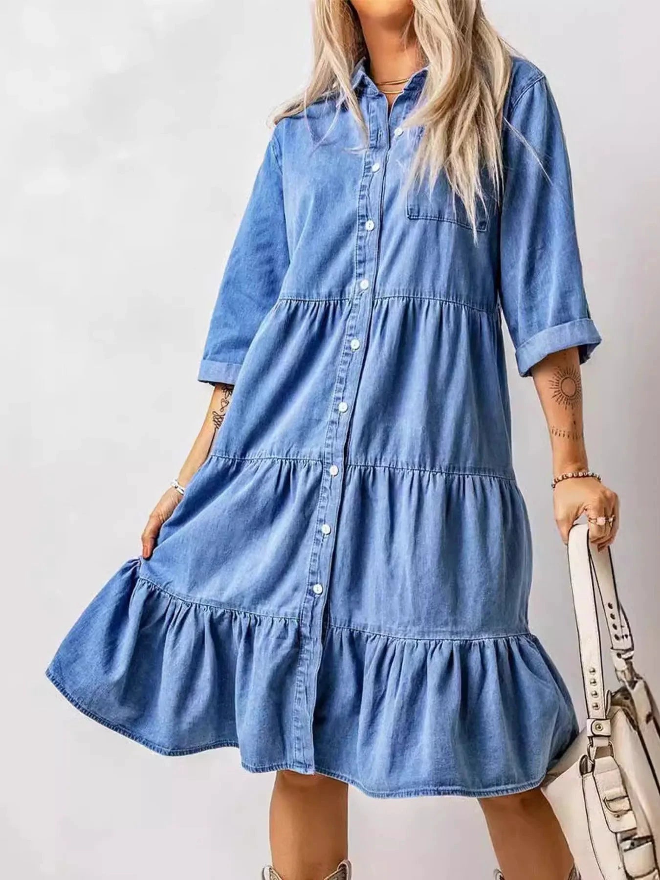 Full Size Ruffled Hem Button Up Denim Midi Dress Plus Size by Trendsi
