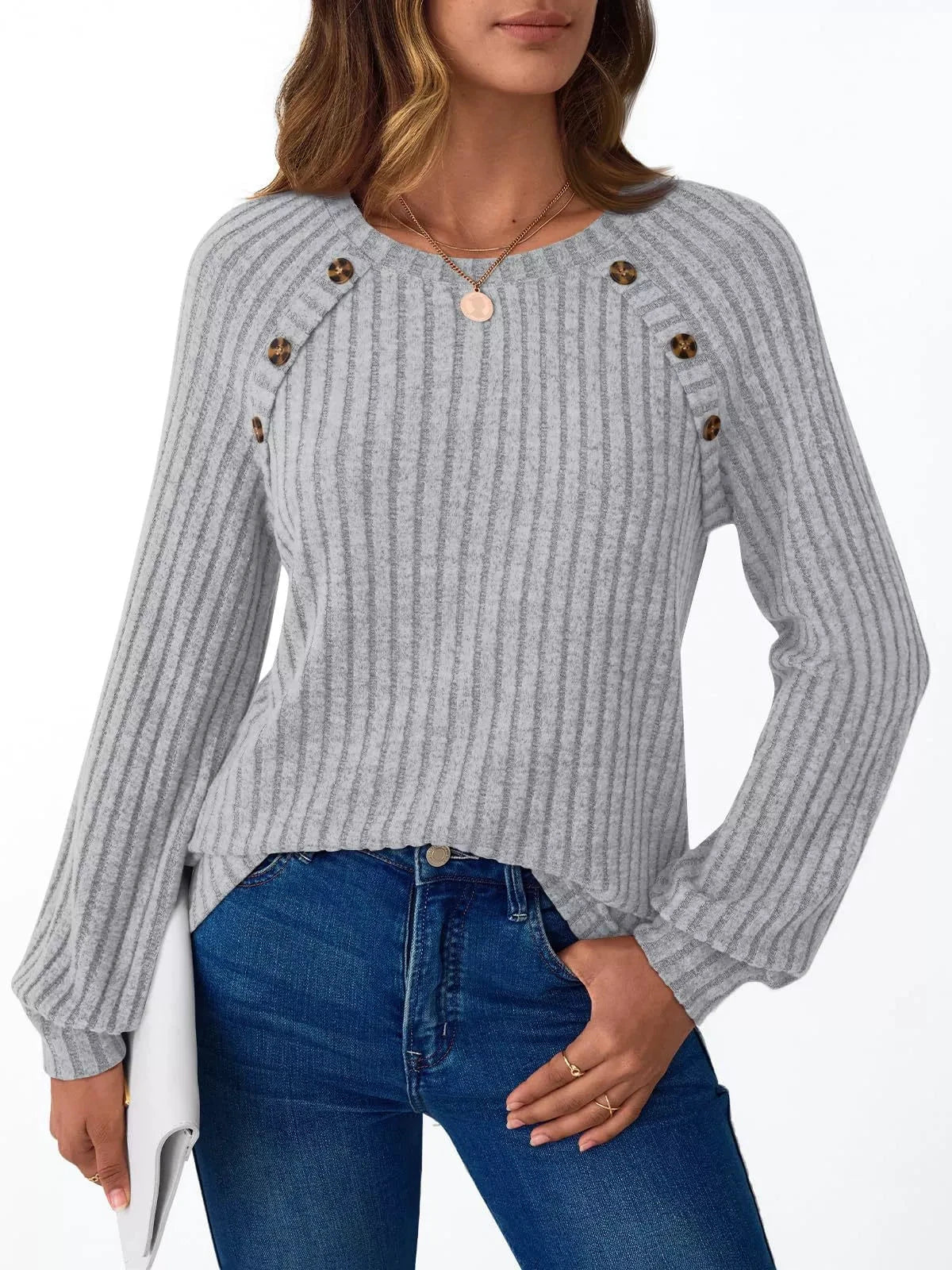 Ribbed Knit Decor Button Long Sleeve T-Shirt by Trendsi