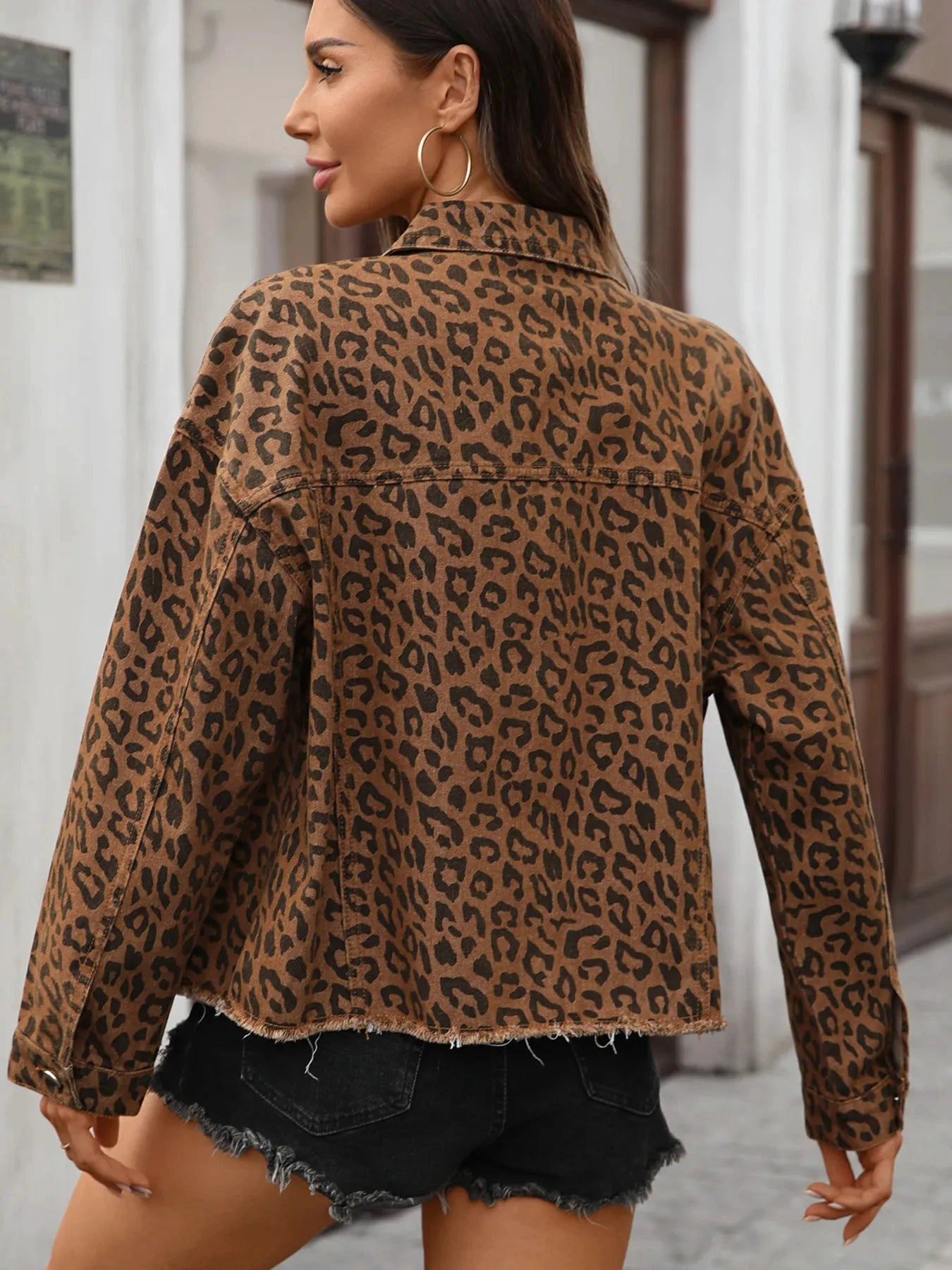 Leopard Print Raw Hem Denim Jacket by Trendsi