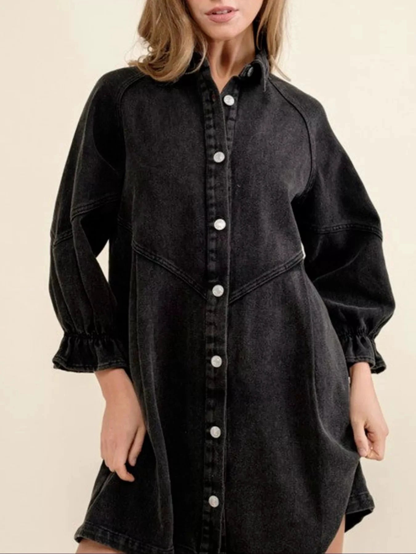 Ruffled Cuff Button-Down Denim Dress by Trendsi