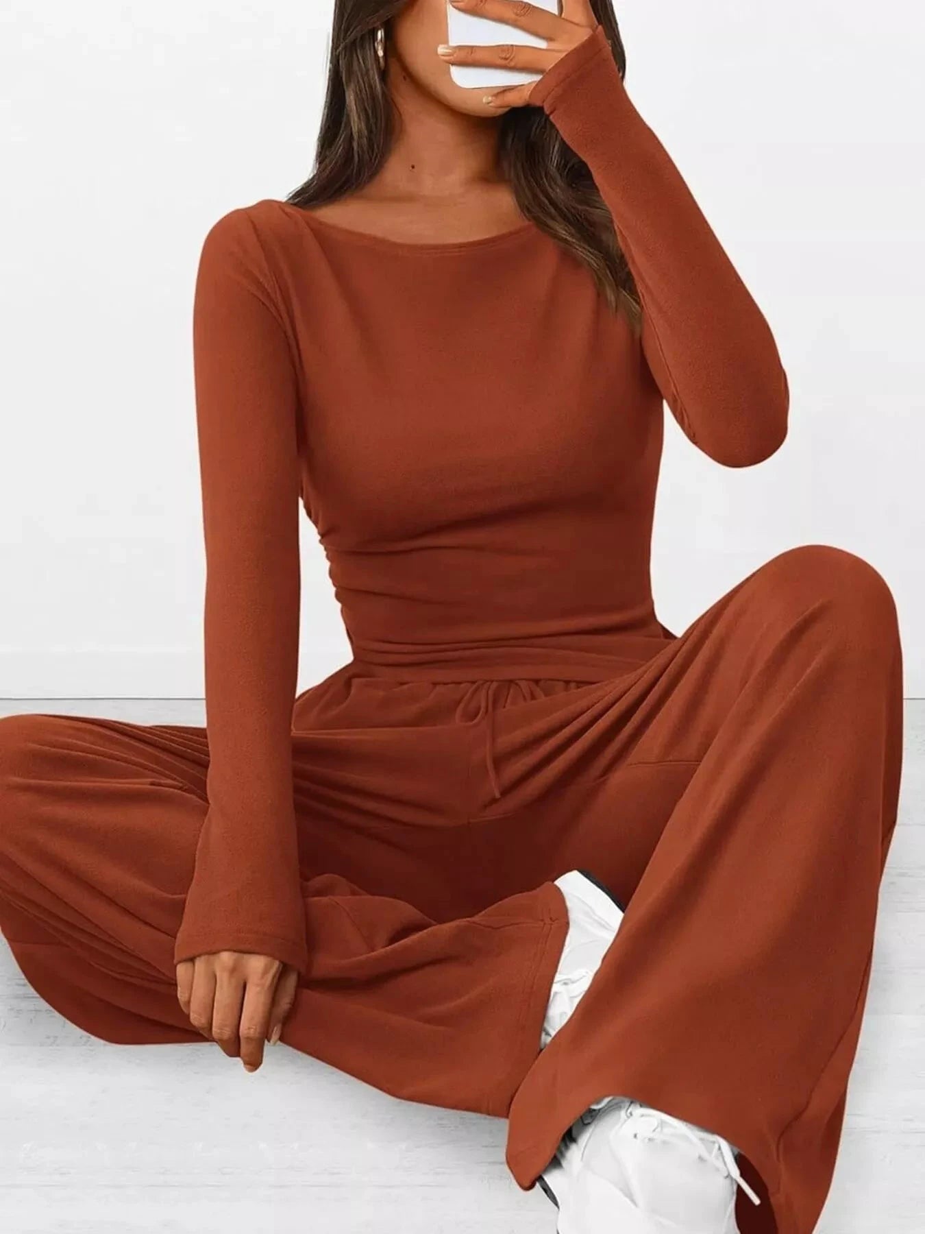 Long Sleeve Top and Wide Leg Pants Set by Trendsi
