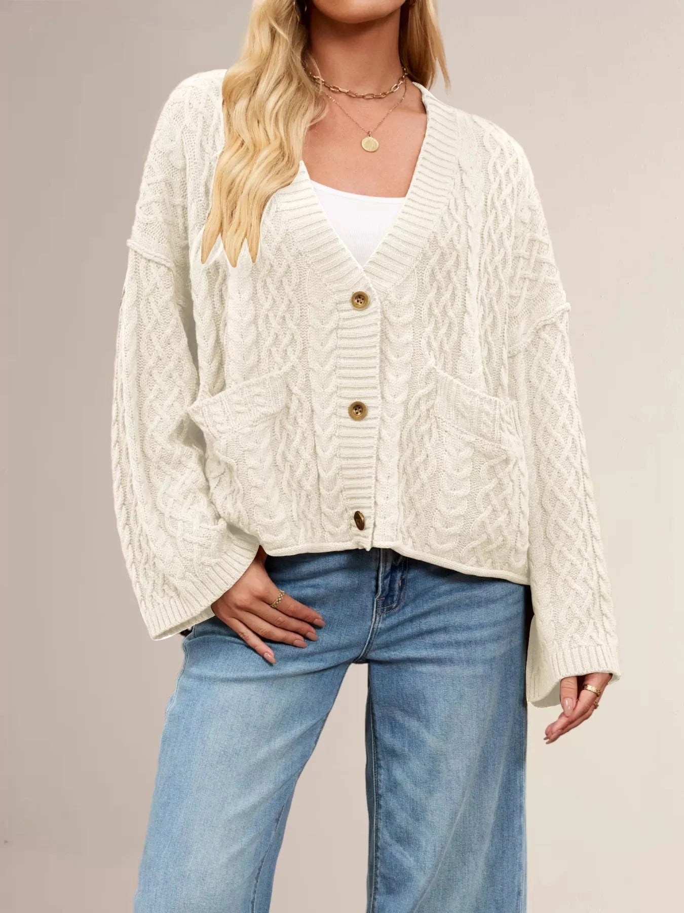 Cable Knit Button-Down Cardigan by Trendsi