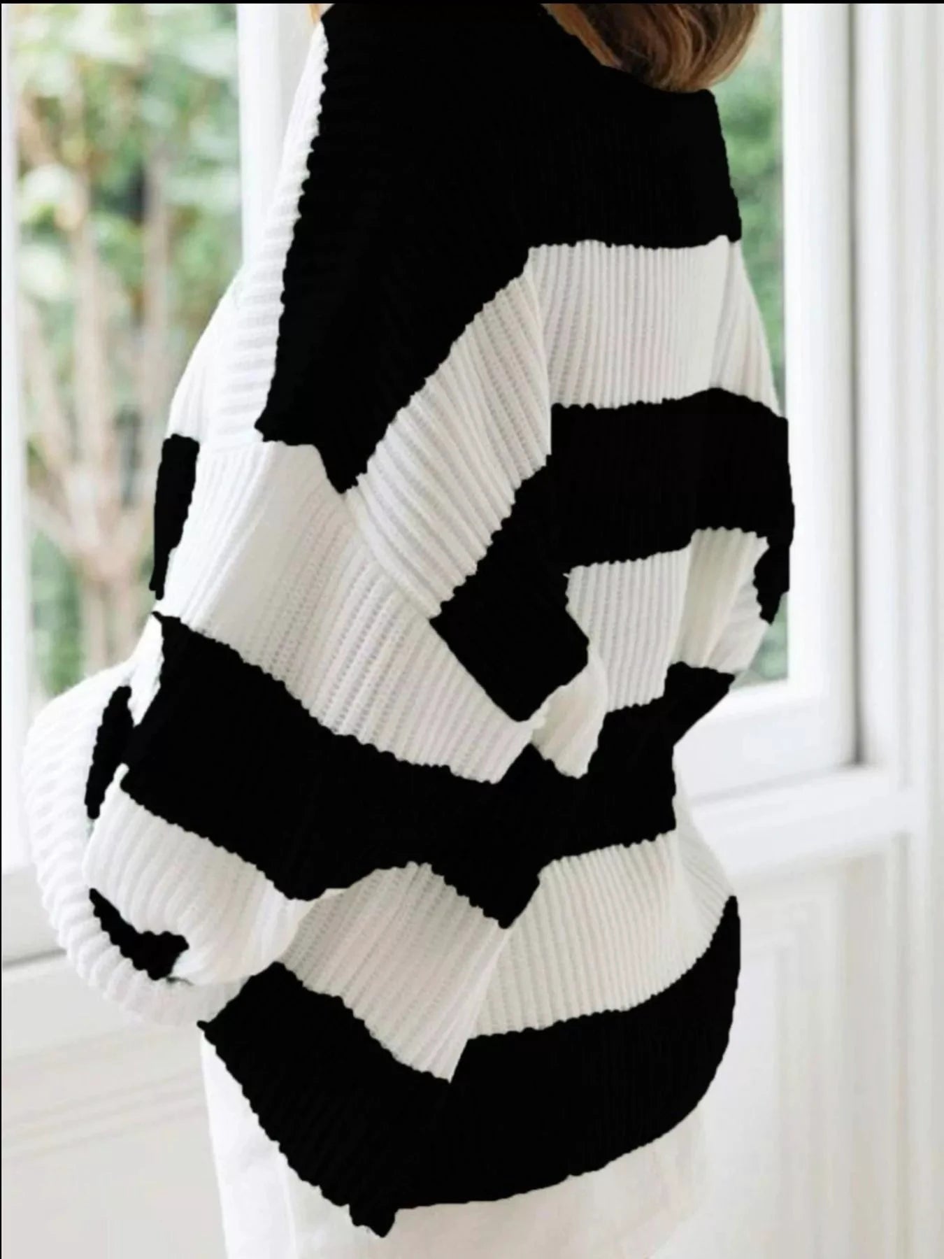 Full Size Contrast Striped Round Neck Sweater Plus Size by Trendsi