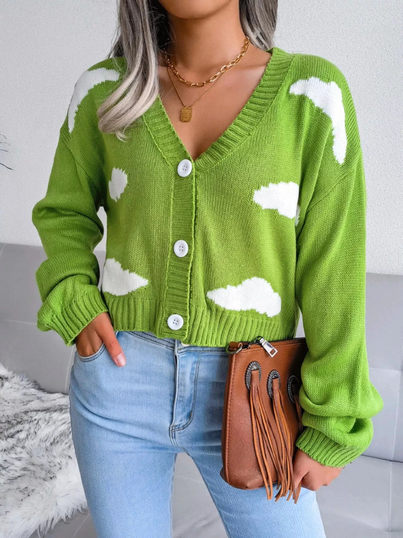 Cloud Pattern Button-Up Cropped Cardigan by Trendsi