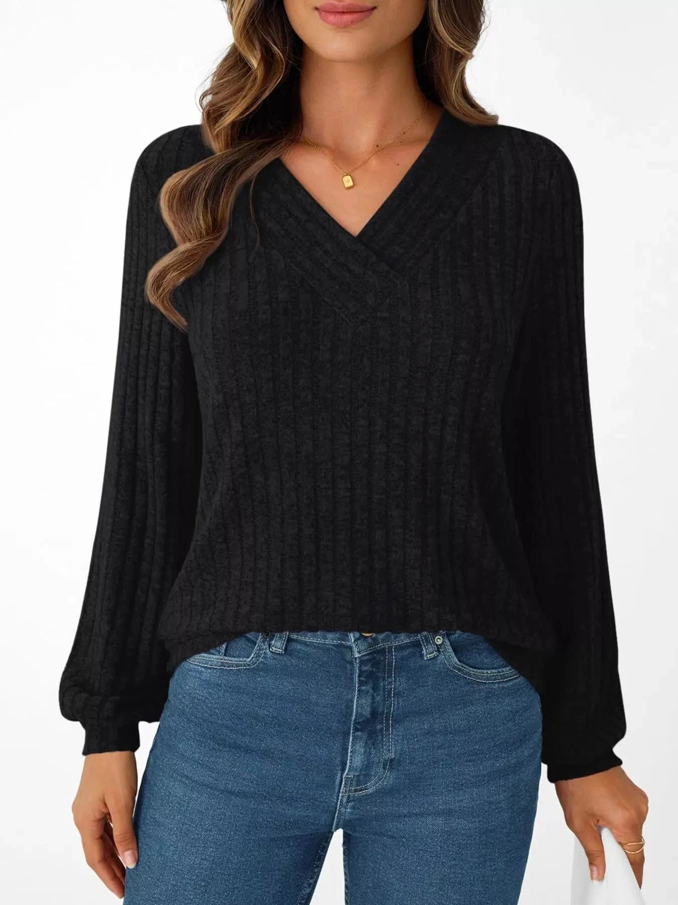 Ribbed Knit V-Neck Long Sleeve T-Shirt by Trendsi