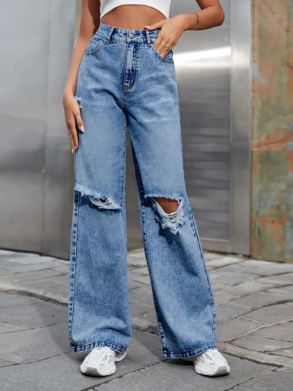 Distressed Wide Leg Jeans with Pockets by Trendsi