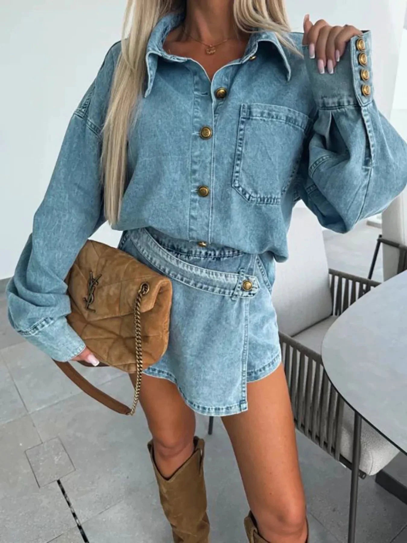 Button-Front Shirt and Mini Skirt Oversized Denim Set by Trendsi
