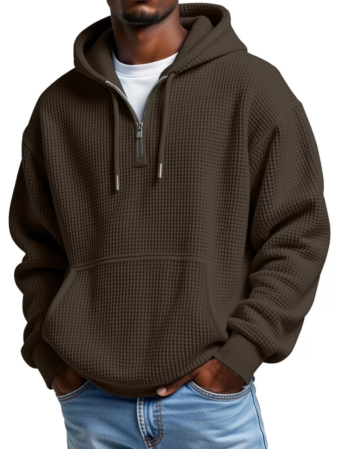 Men's Full Size Textured Waffle Knit Half-Zip Hoodie Plus Size by Trendsi