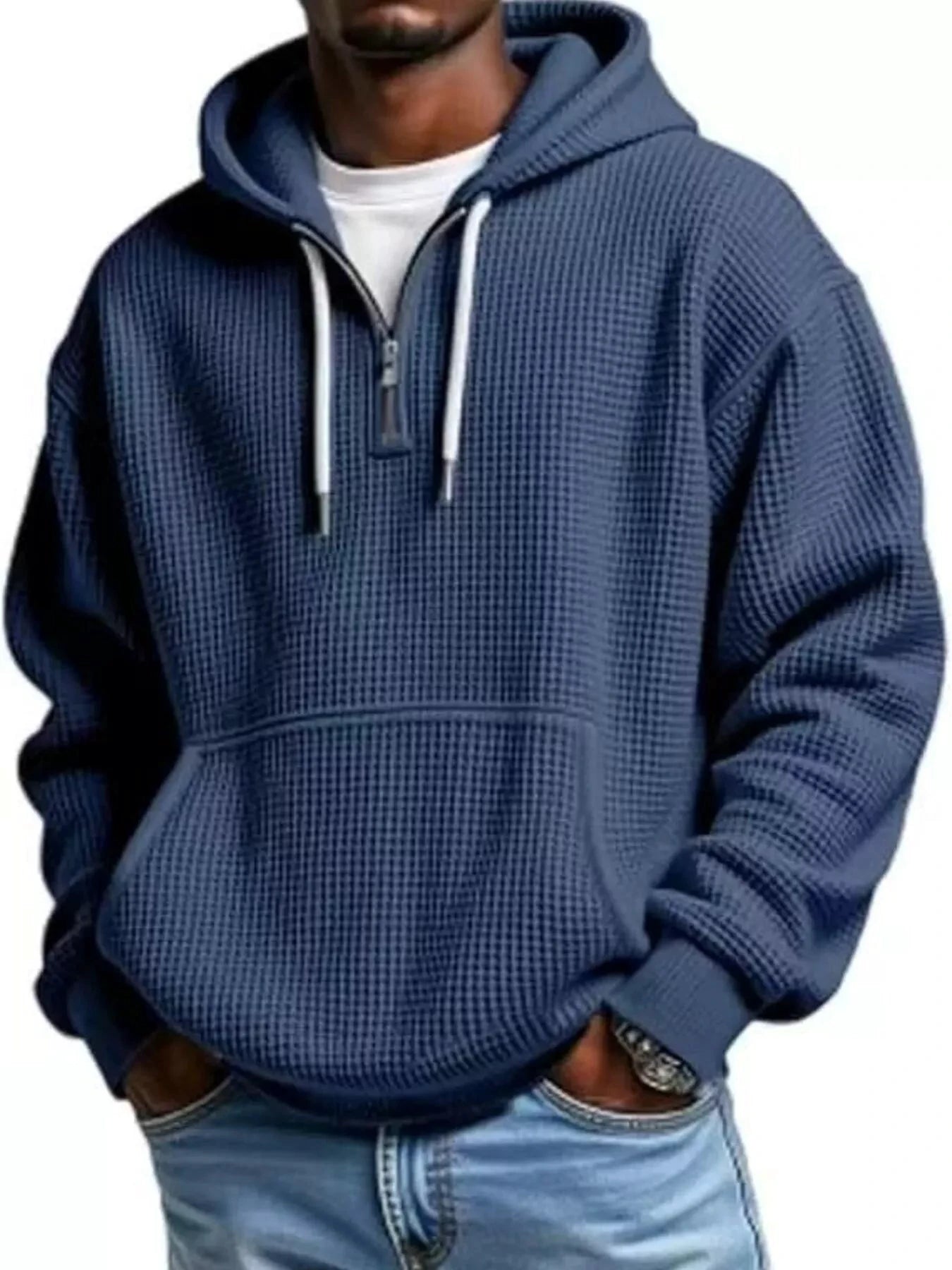 Men's Full Size Textured Waffle Knit Half-Zip Hoodie Plus Size by Trendsi