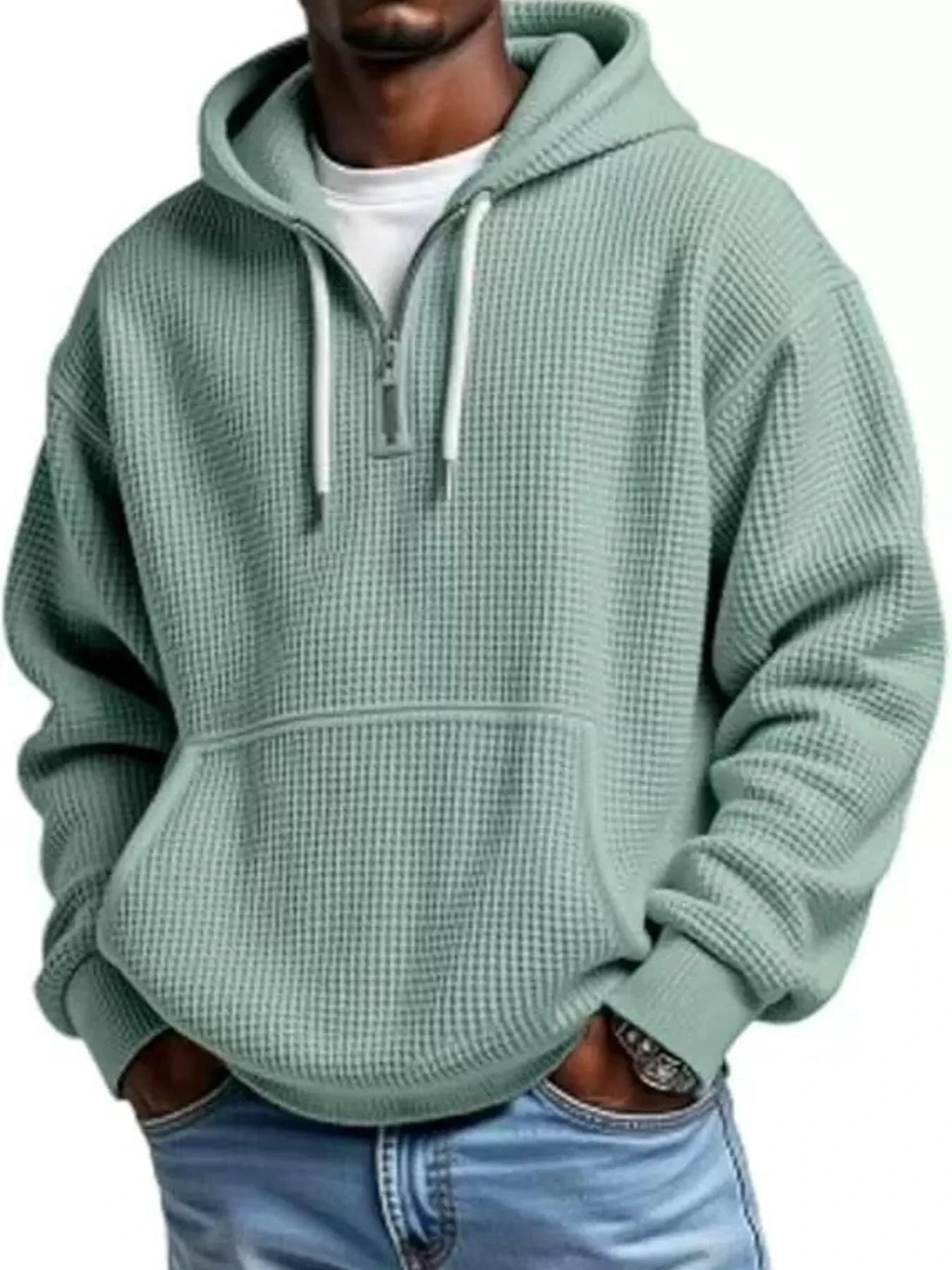 Men's Full Size Textured Waffle Knit Half-Zip Hoodie Plus Size by Trendsi