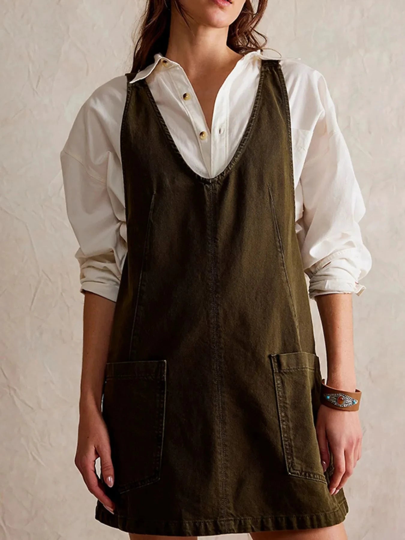 Oversized V-Neck Denim Tank Dress with Front Pockets by Trendsi