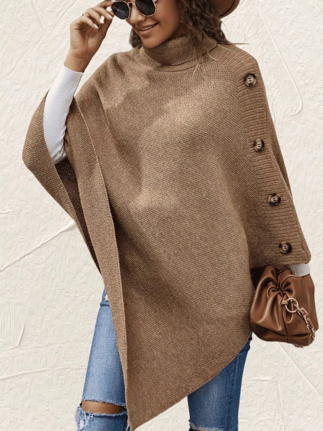 Button-Decor Turtleneck Poncho Pullover by Trendsi