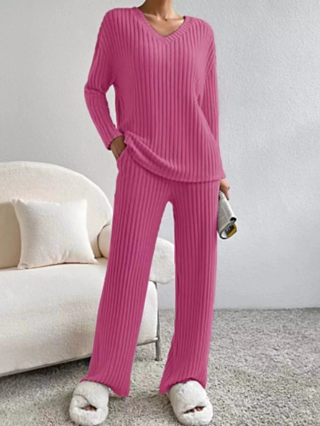 Ribbed Knit V-Neck Top and Pants Set by Trendsi