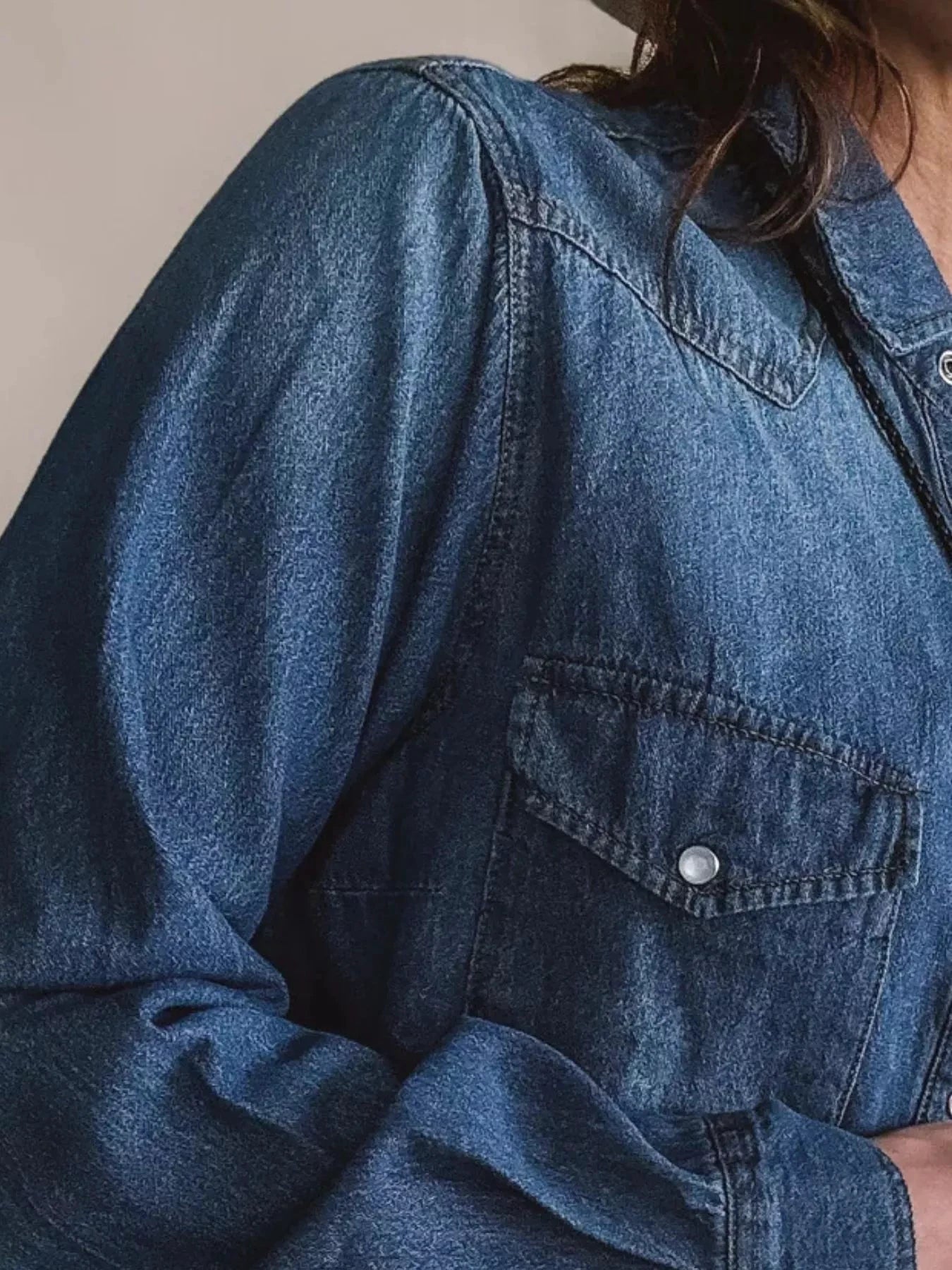 Washed Button Down Denim Shirt by Trendsi