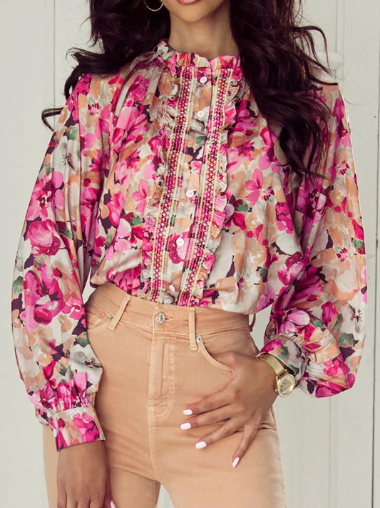 Floral Print Ruffle Trim Long Sleeve Shirt by Trendsi