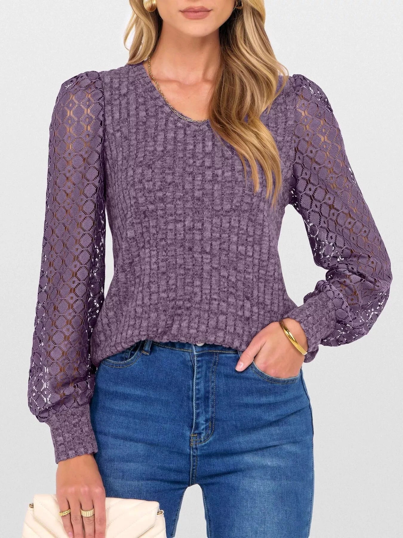 Lace Sleeve V-Neck T-Shirt by Trendsi