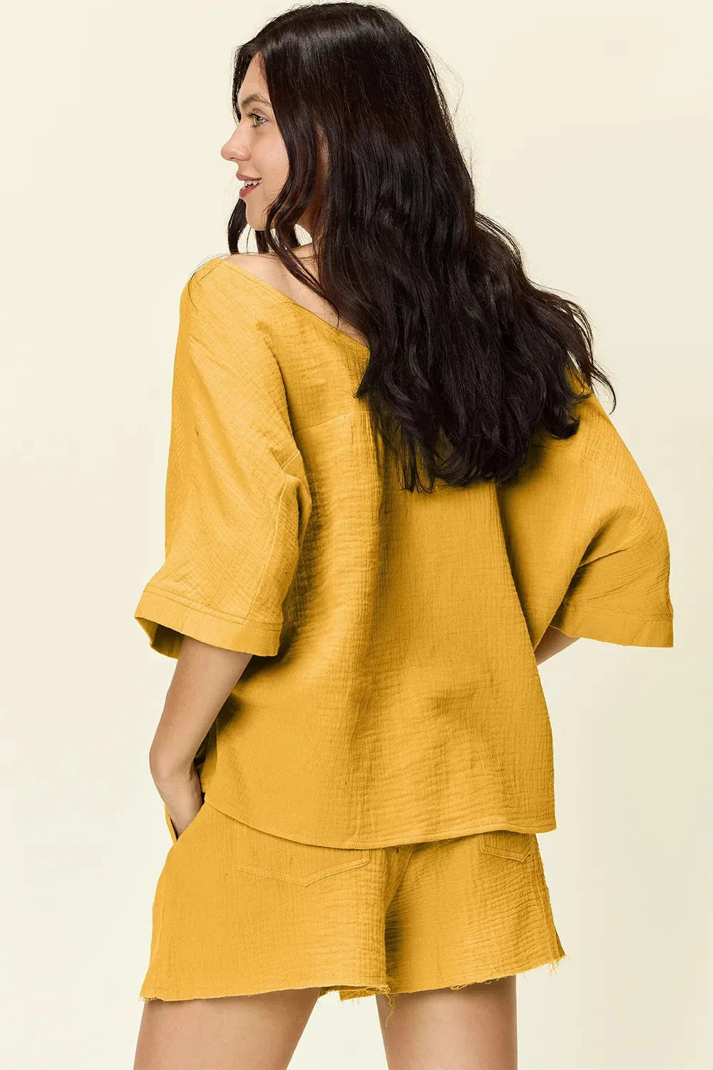 Double Take Texture Half Sleeve T-Shirt and Drawstring Shorts Set by Trendsi