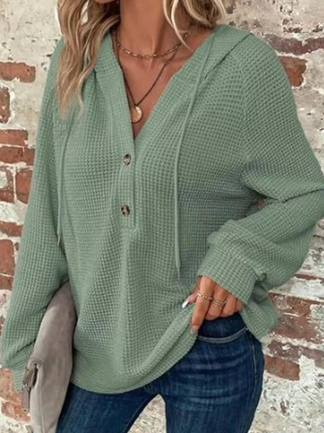 Waffle Knit Button Detail Hoodie by Trendsi