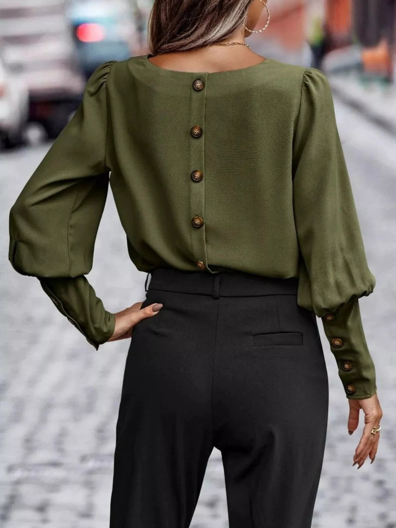 Back Button Lantern Sleeve Blouse by Trendsi