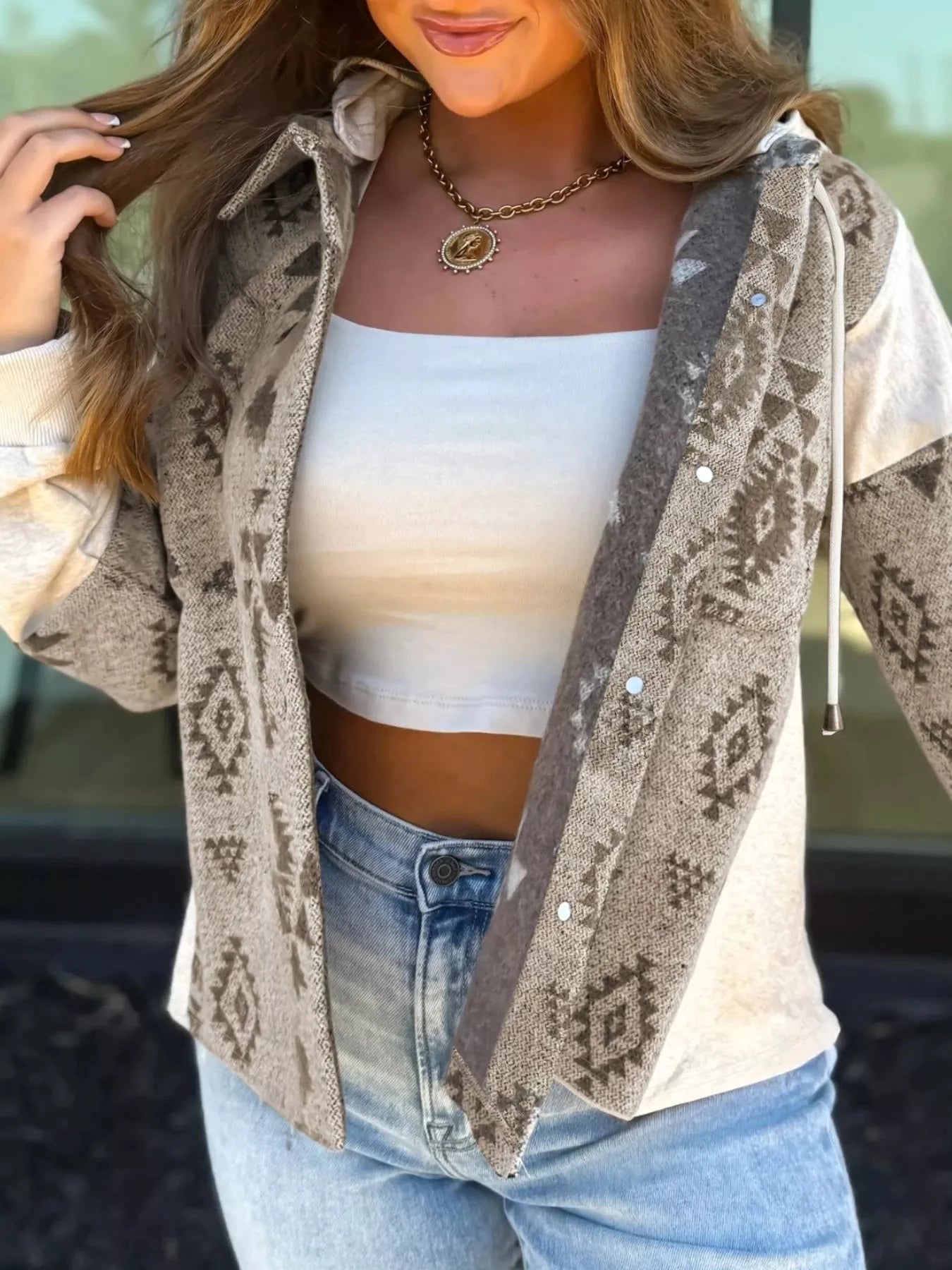 Western Aztec Print Color Block Patchwork Drawstring Hooded Shacket by Trendsi