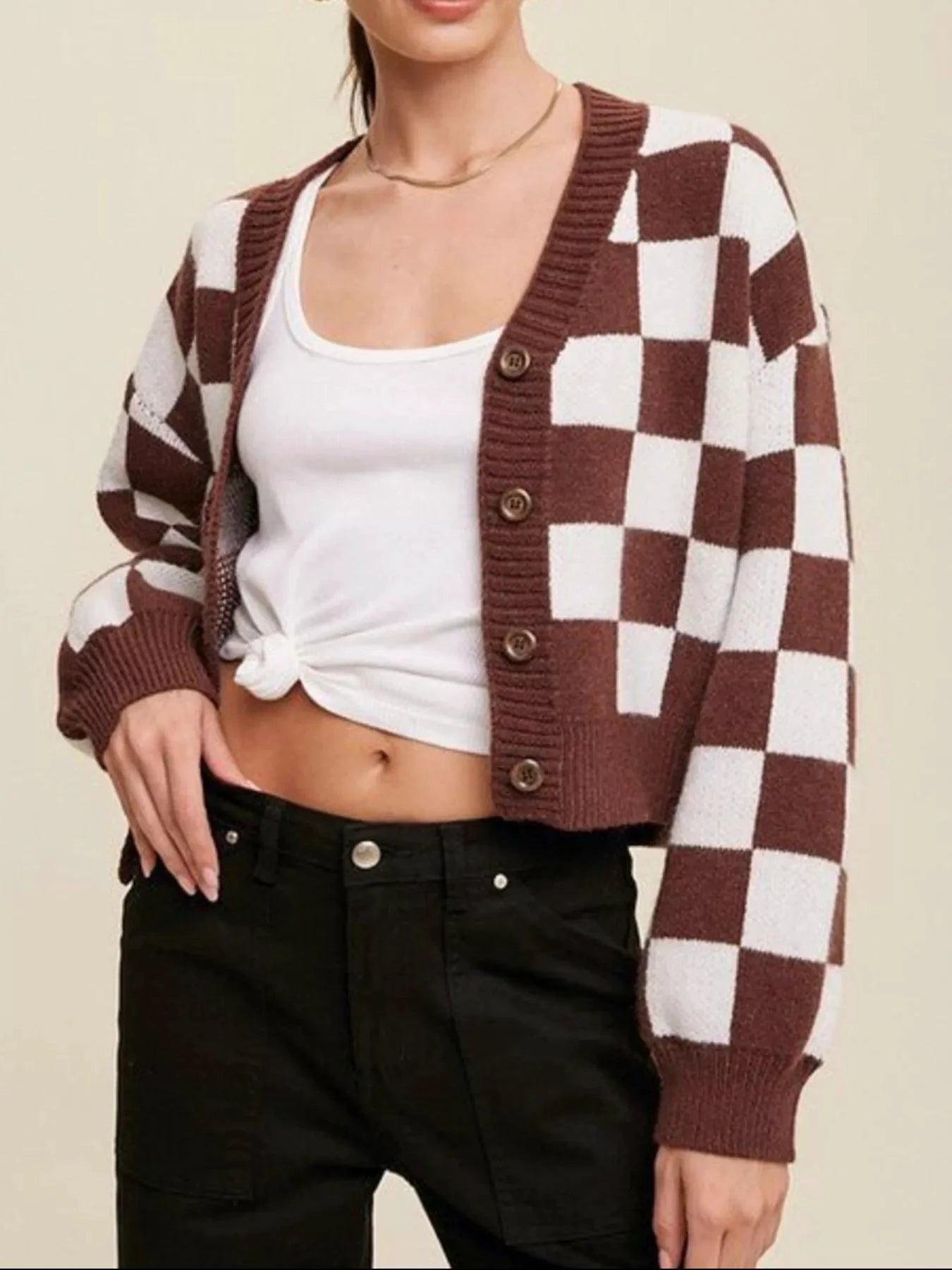 Checkerboard Pattern Button-Down Cardigan by Trendsi