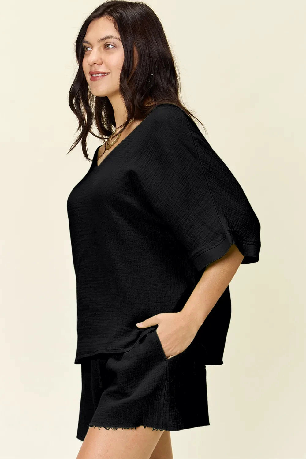 Double Take Texture Half Sleeve T-Shirt and Drawstring Shorts Set by Trendsi