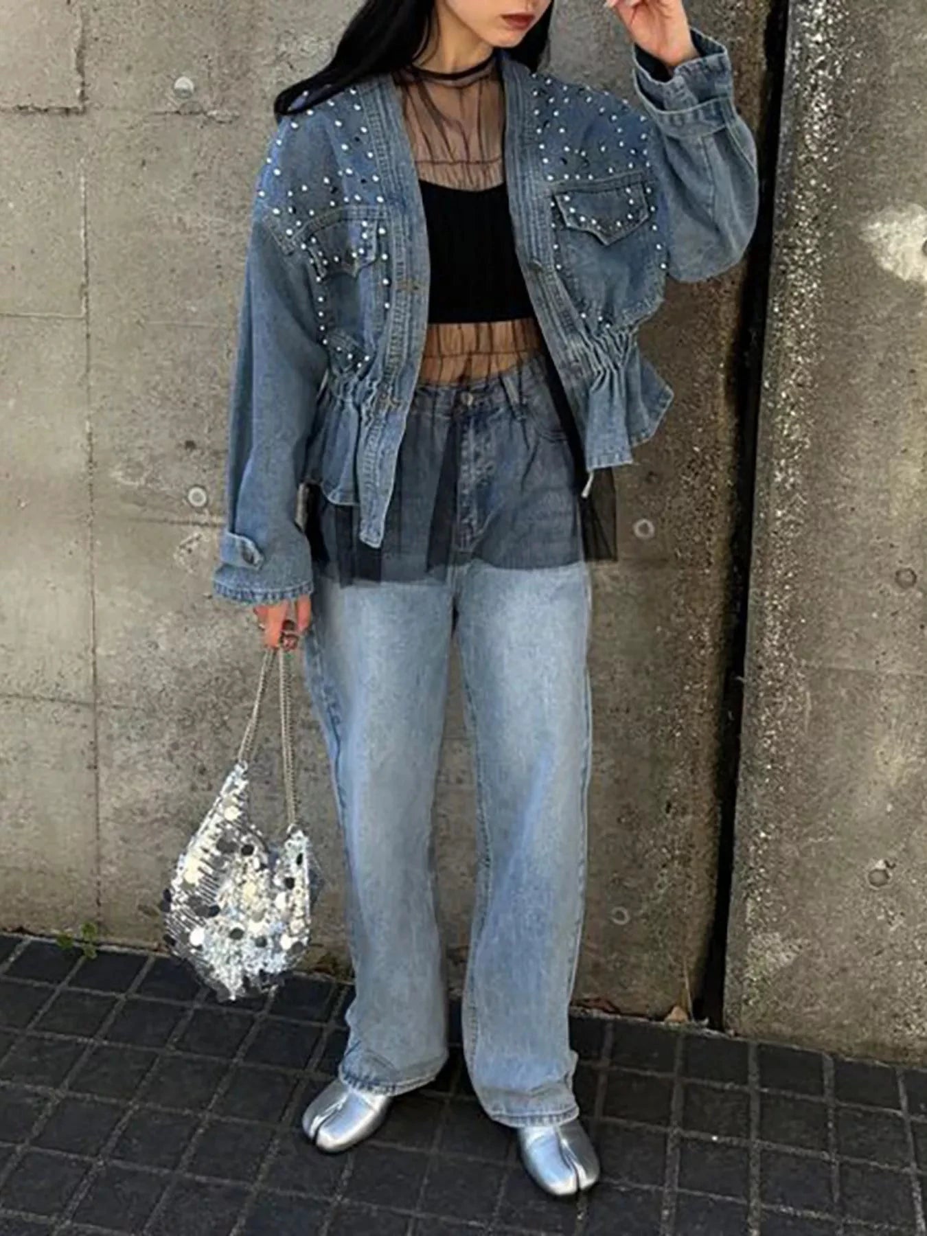 Studded Button Up Denim Jacket by Trendsi