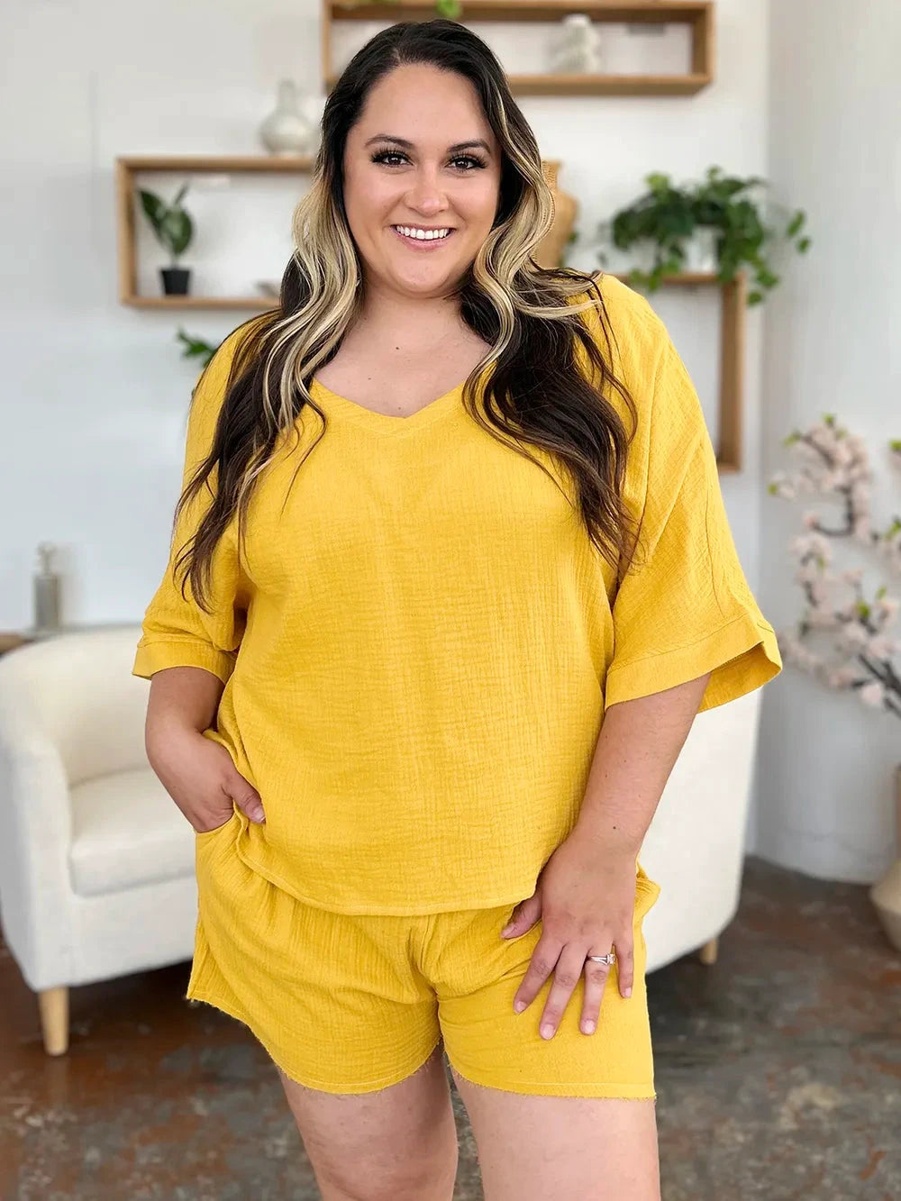 Double Take Texture Half Sleeve T-Shirt and Drawstring Shorts Set by Trendsi