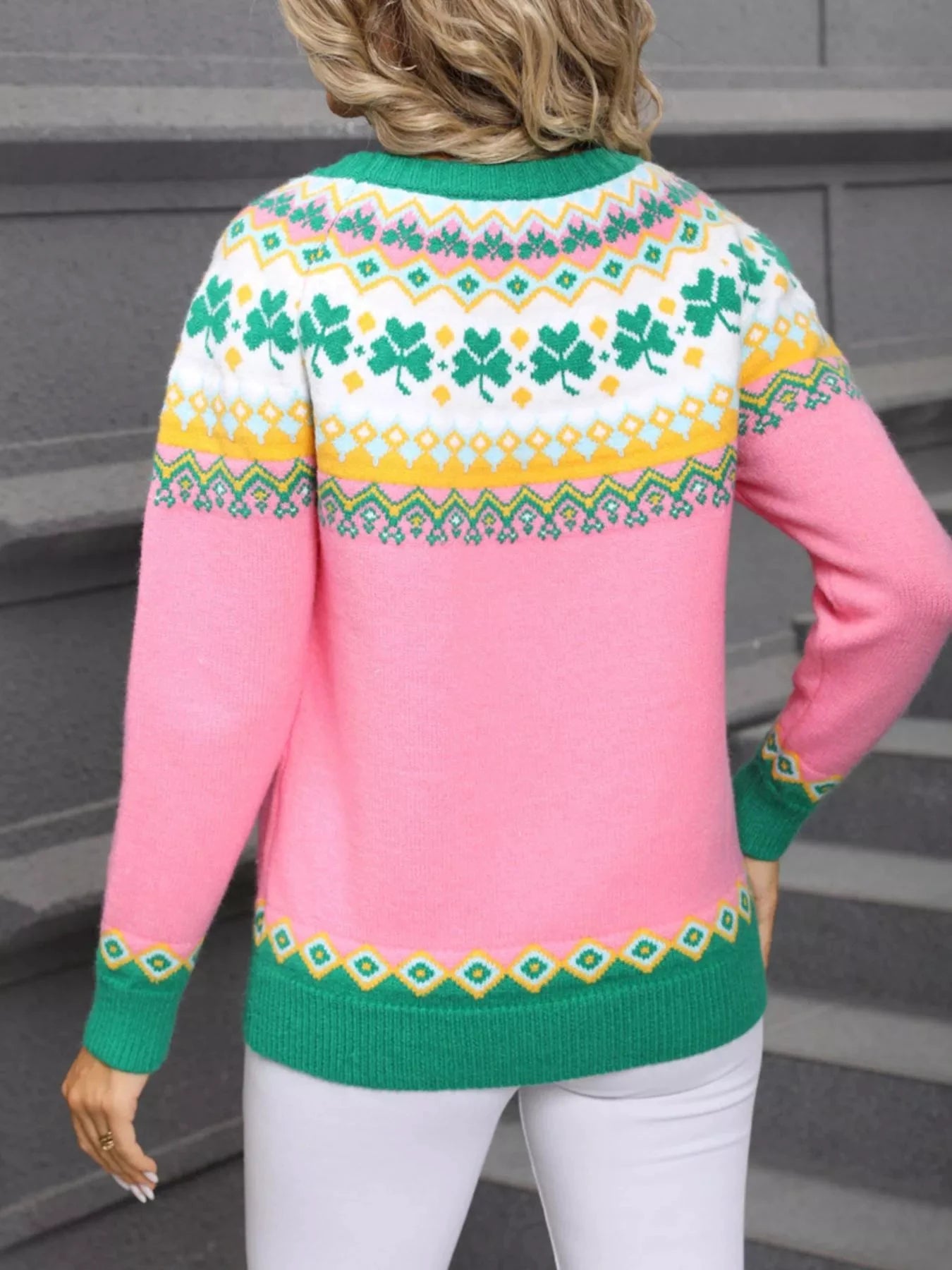 Clover Pattern Round Neck Knitted Sweater by Trendsi
