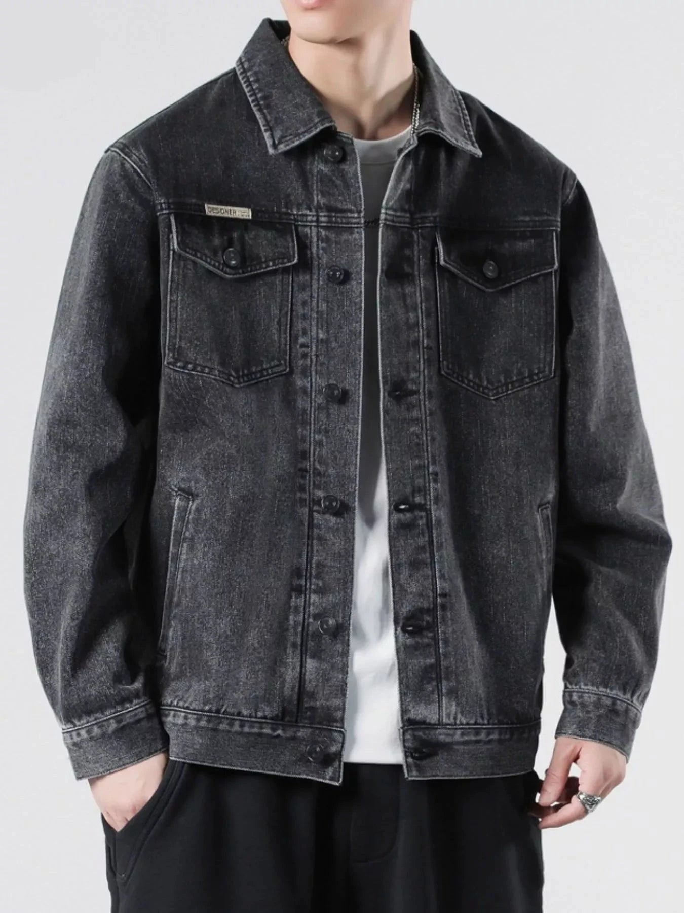 Men's Plus Size Button Up Wash Denim Jacket by Trendsi
