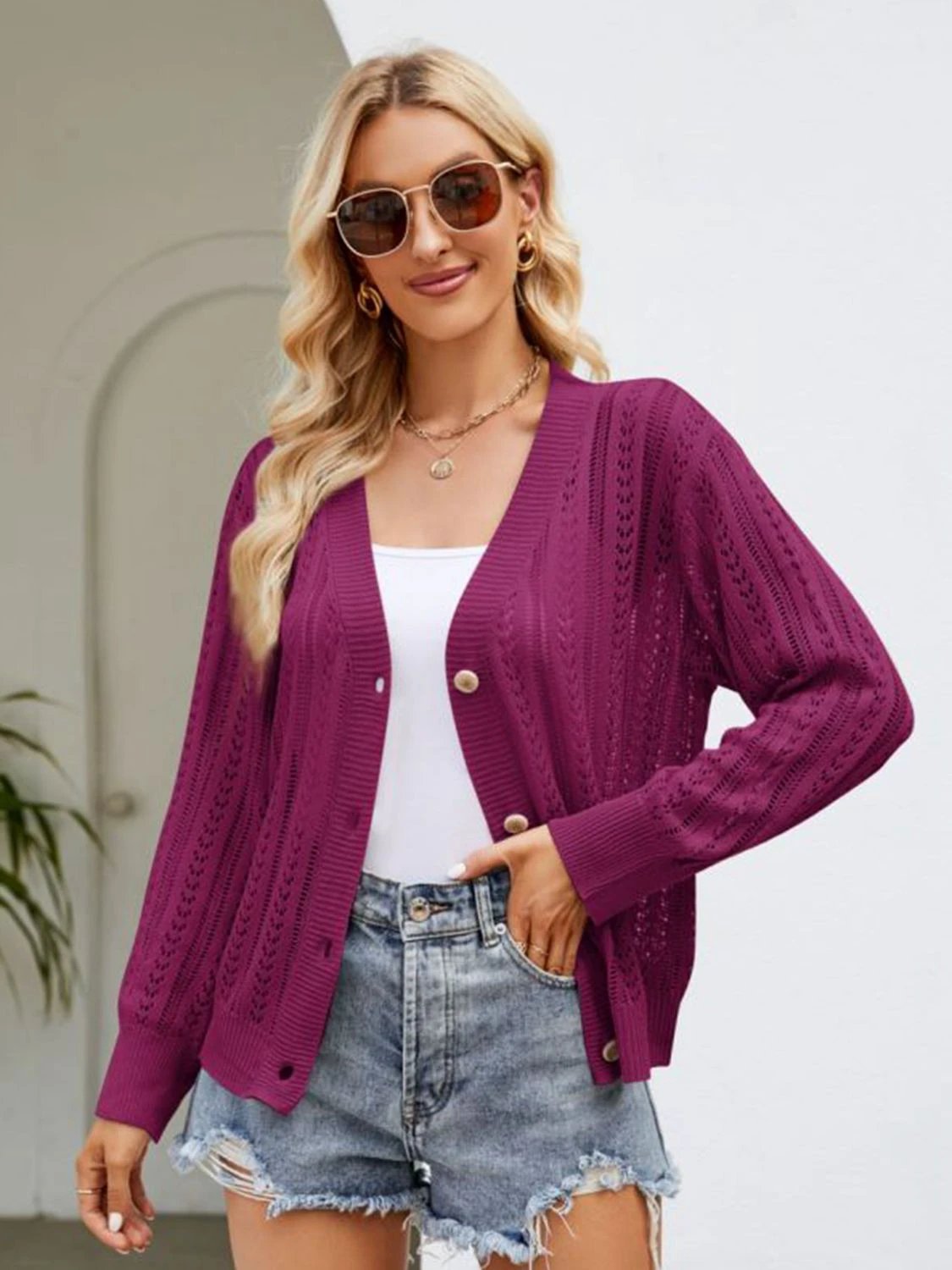Button Down Ribbed Trim Cardigan by Trendsi