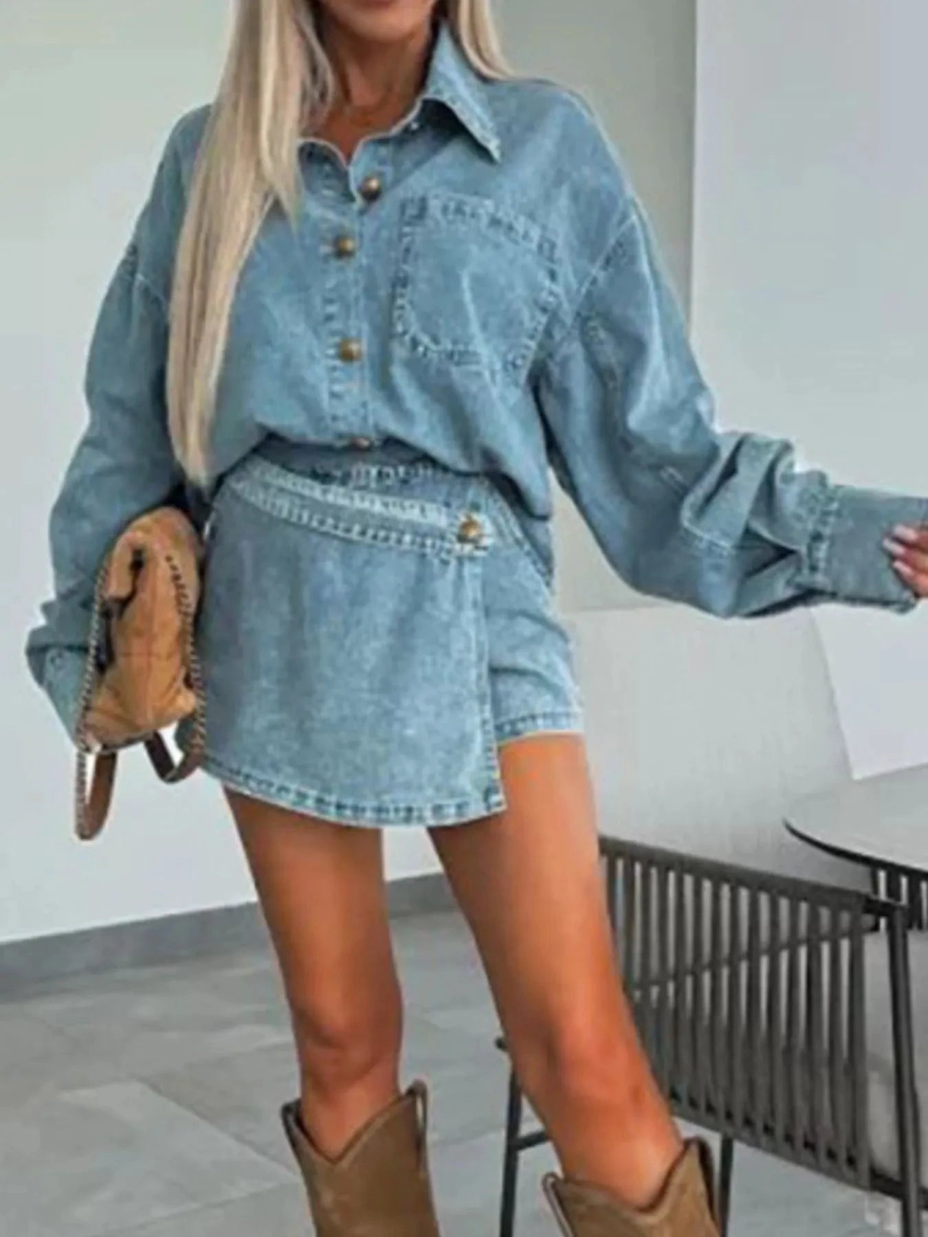 Button-Front Shirt and Mini Skirt Oversized Denim Set by Trendsi