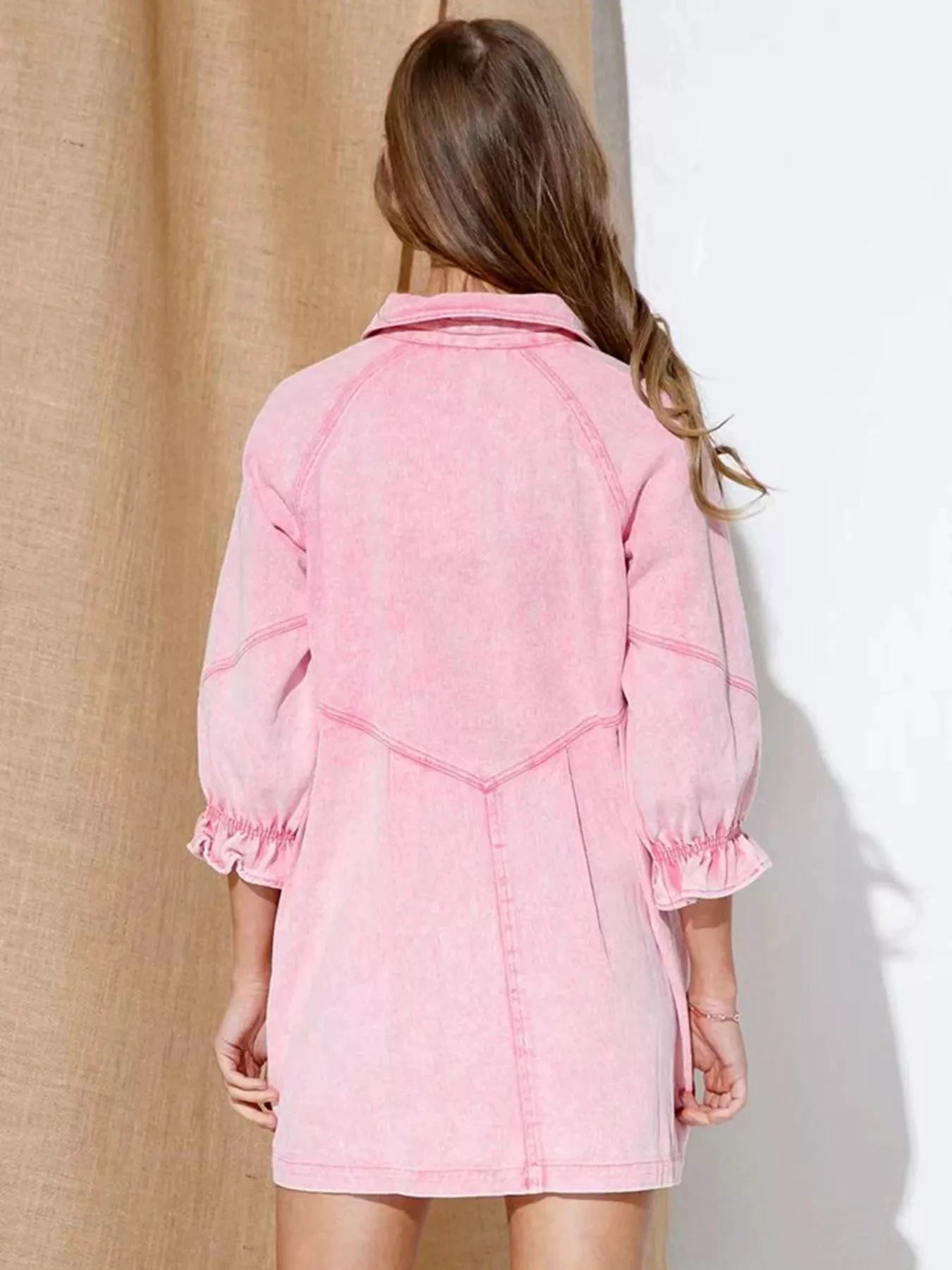 Ruffled Cuff Button-Down Denim Dress by Trendsi