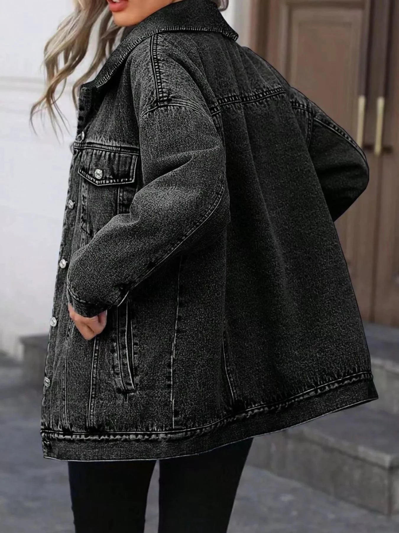 Washed Button Up Oversized Denim Jacket by Trendsi