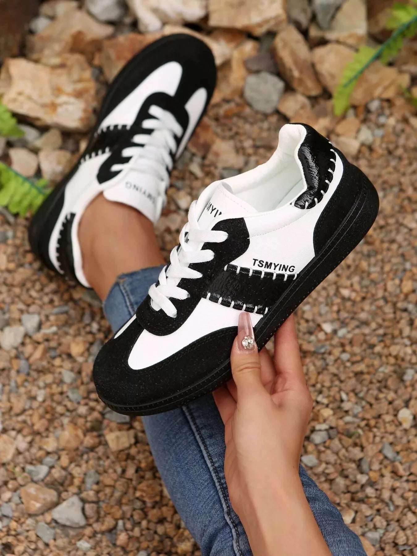 Contrast Lace Up Sneakers by Trendsi