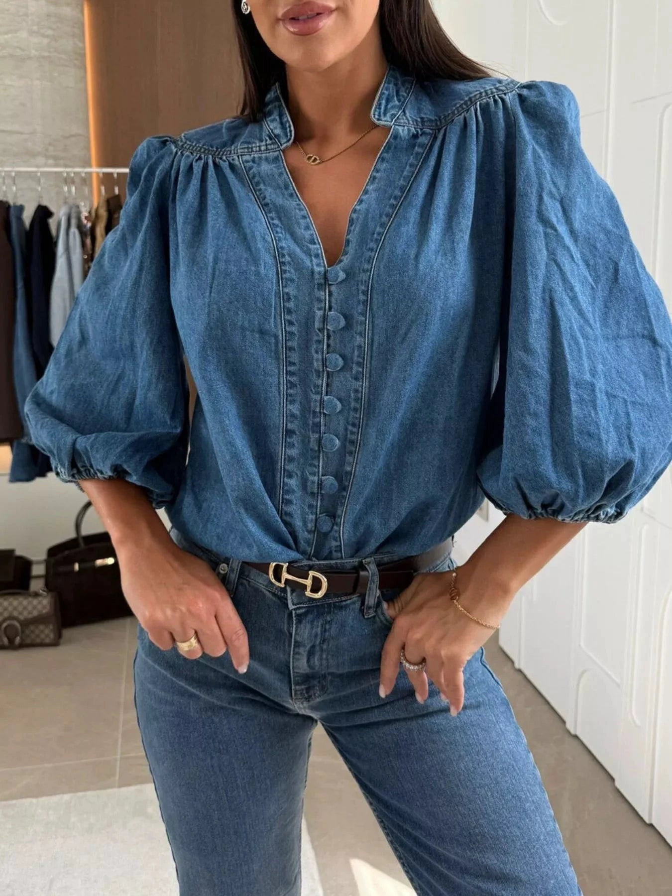 Button-Down Puff Sleeve Denim Top by Trendsi