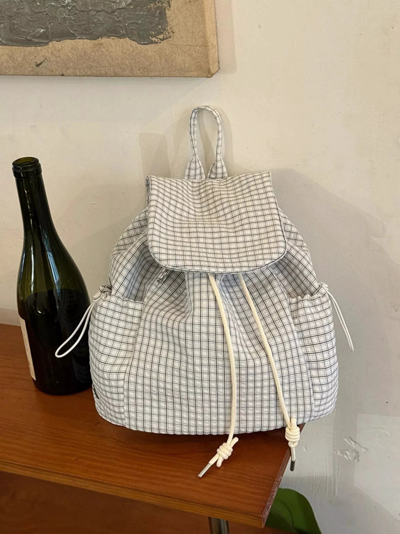 Plaid Drawstring Closure Backpack Bag by Trendsi