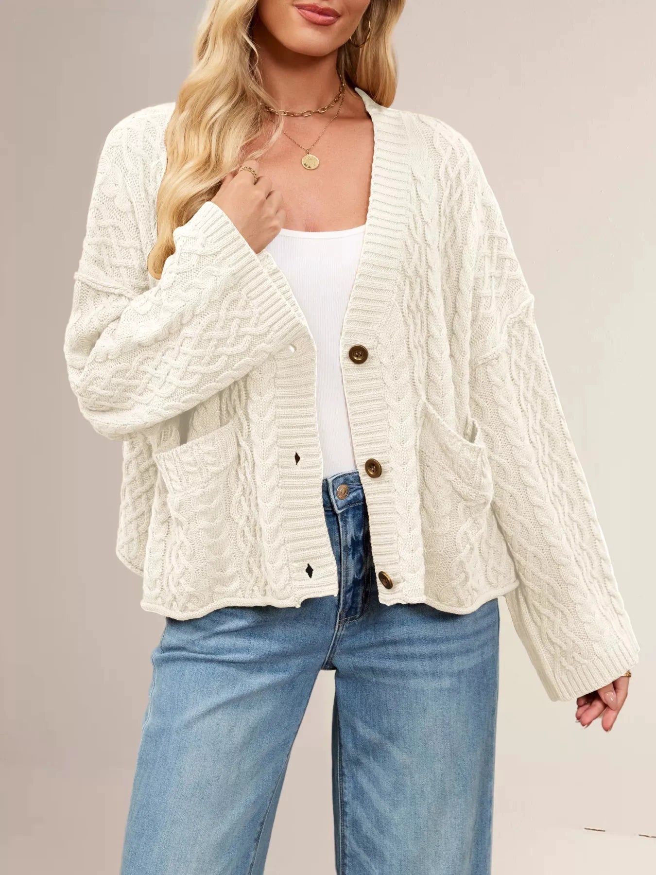 Cable Knit Button-Down Cardigan by Trendsi
