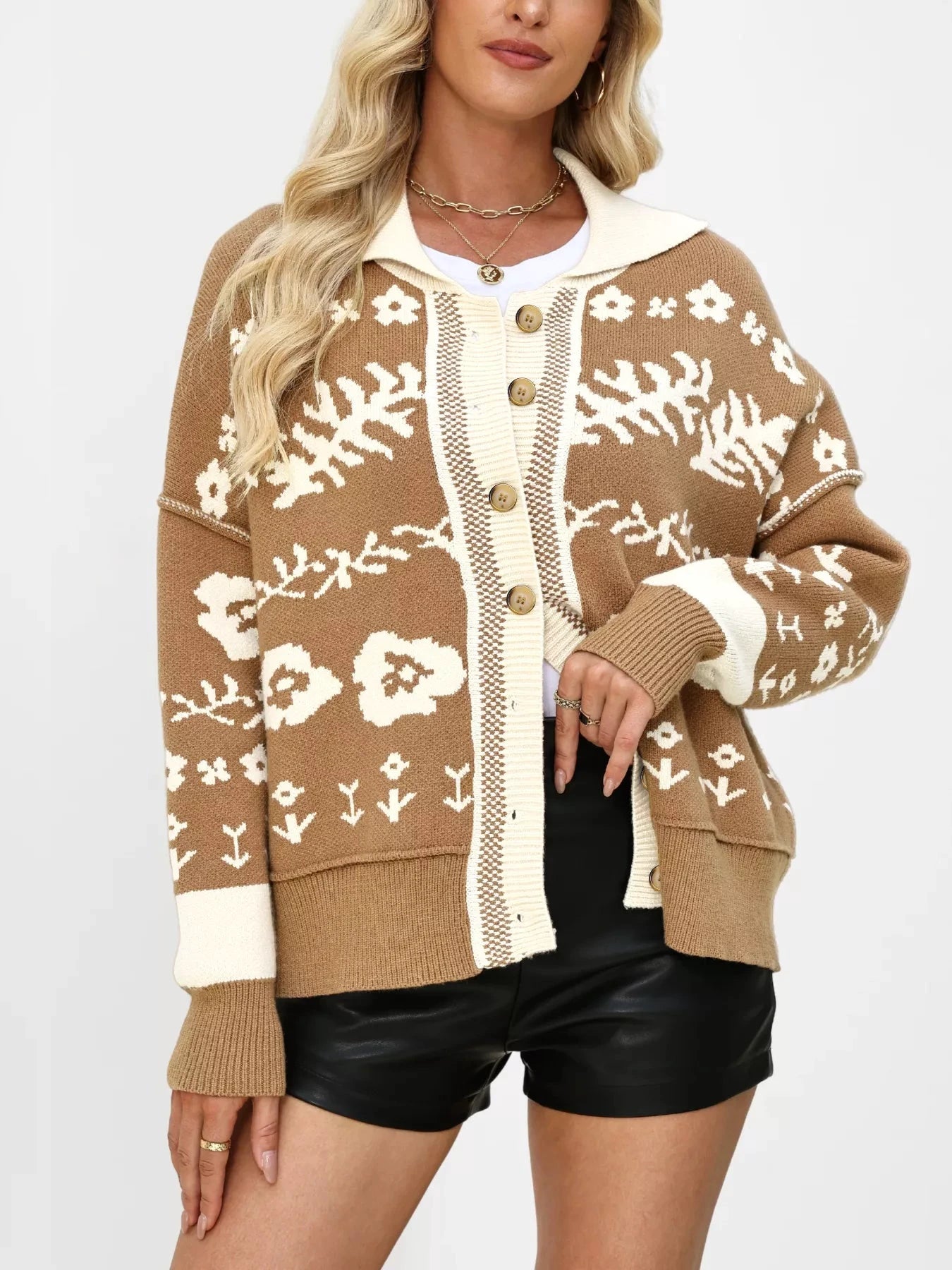 Floral Pattern Button-Down Cardigan by Trendsi