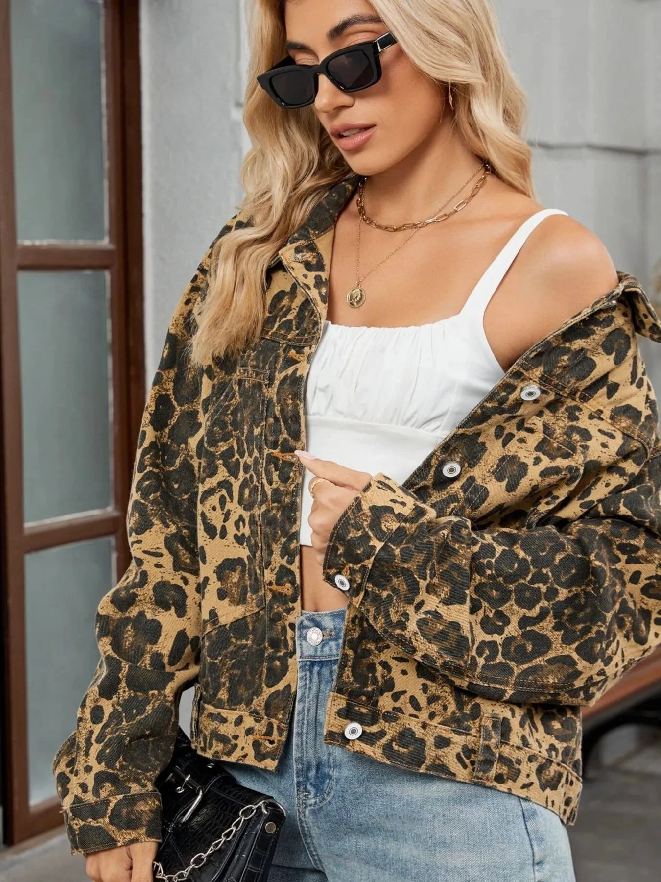 Leopard Print Button Up Denim Jacket by Trendsi