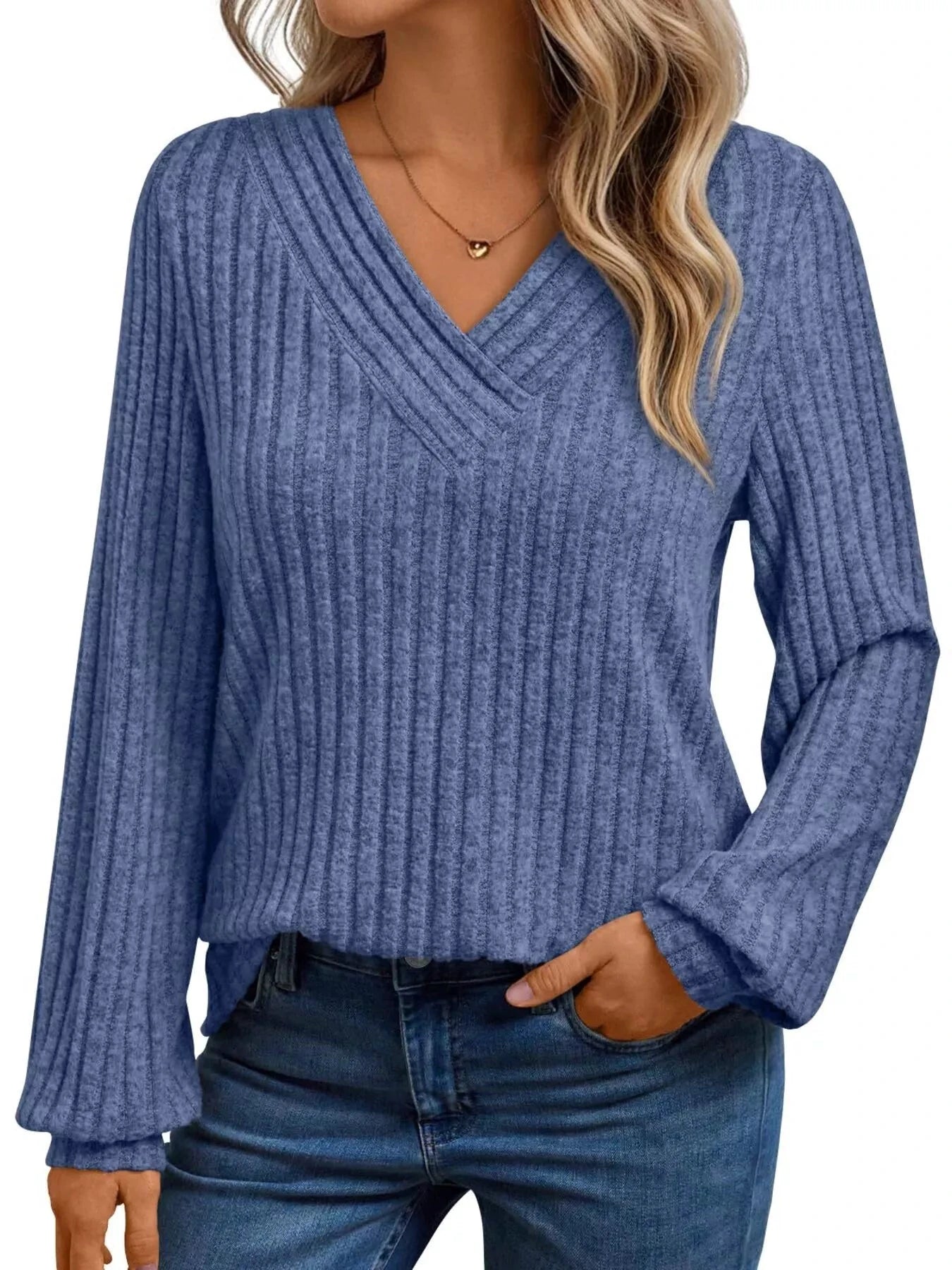 Ribbed Knit V-Neck Long Sleeve T-Shirt by Trendsi